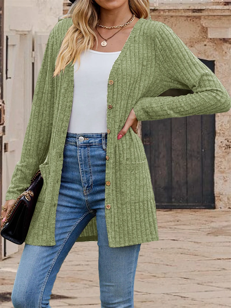 

2025 Autumn Women Cardigan Coat Knitted Open-Shirt Style Knitwear Sweater Elastic Pockets Warm Mid Length Lady Jacket Cardigan