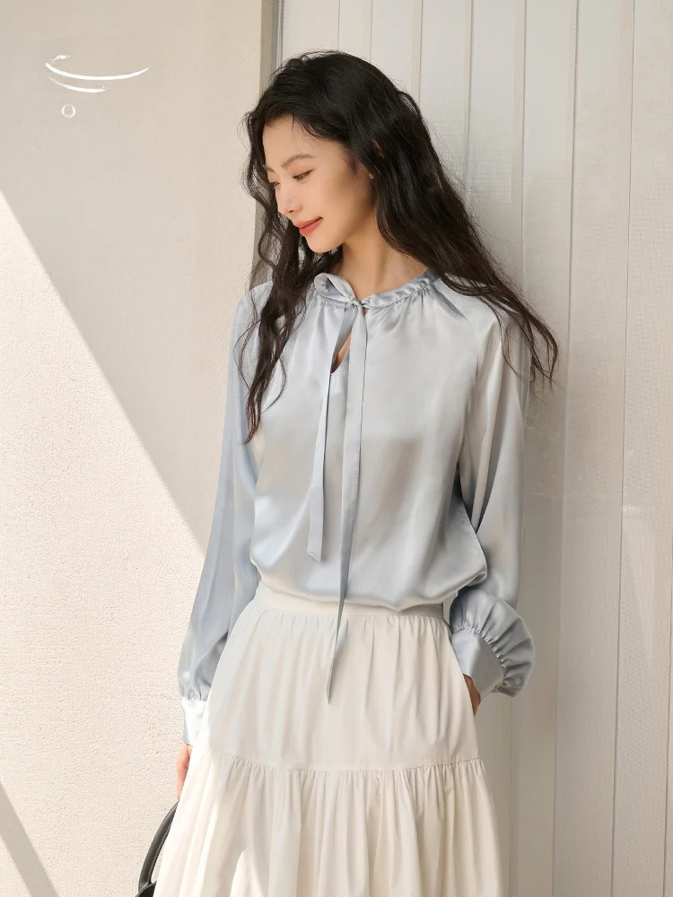 

Ele Silk irt for Women QFKQ 00% Silk Blue Summer New Design High-End Commuting Simple Luxury Top