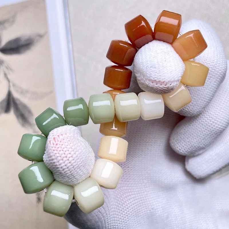Natural Smoke Milk Green Rainbow Gradient Golden Root Silent Wheel Beads Bodhi Bracelet  Girls