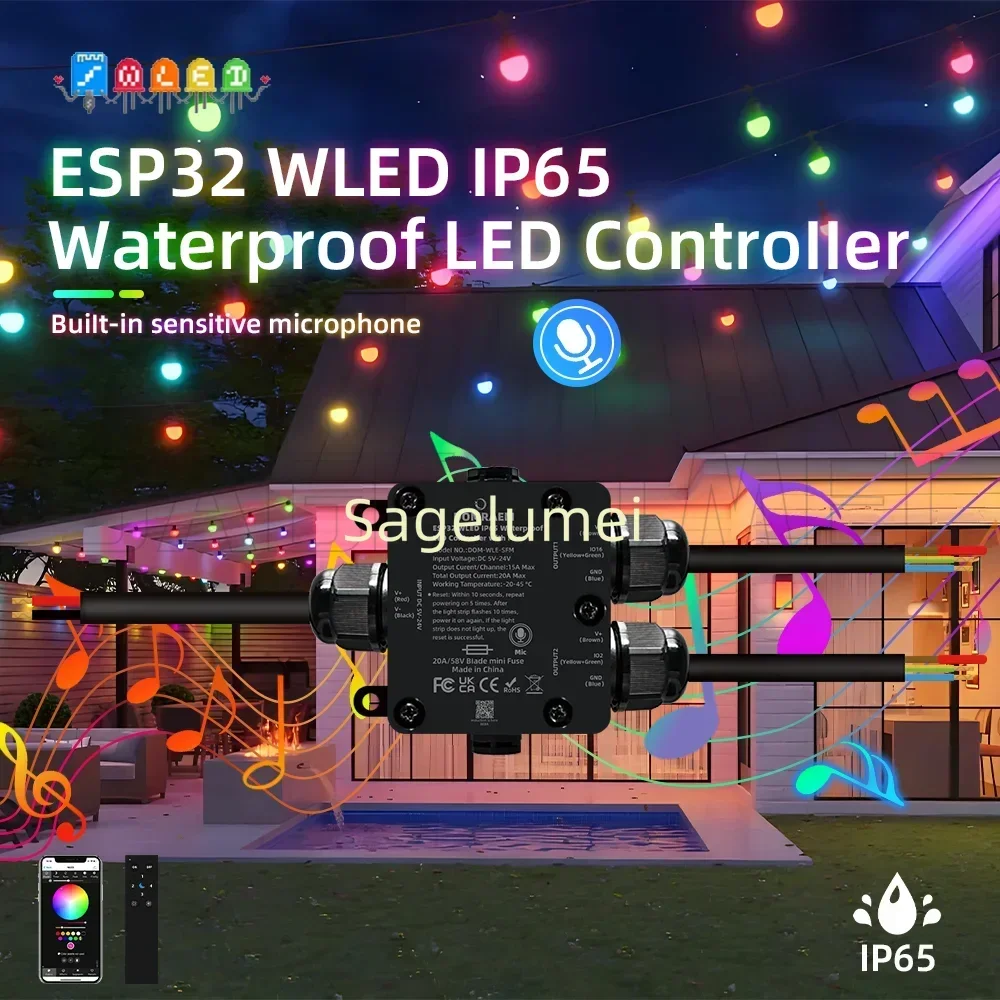 New IP65 Waterproof DOMRAEM ESP32 2CH/4CH WLED LED Controller Outdoor Use Fuse Music Sync Supports 20A WS281X SK6812 APA102 IC