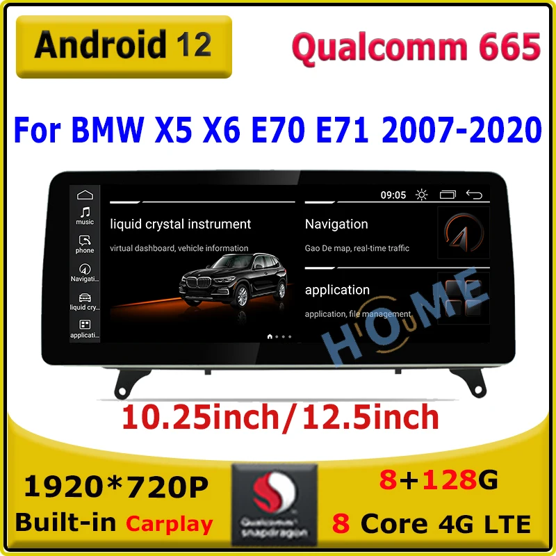 

CarPlay Radio Screen Android 12 10.25 / 12.5inch Snapdragon Car Multimedia Player GPS For BMW X5 E70 F15/ X6 E71 F16 2007 - 2020