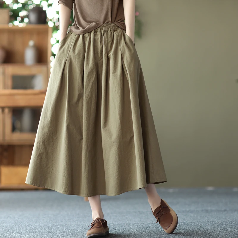 

Retro Sle Pleated A-Line Skirt Women's Elastic Waist Slimming Maxi Skirt Pure Color f-length Skirt for Commuting