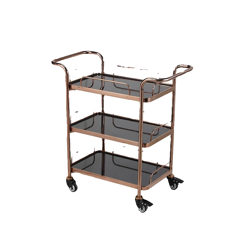 Eenvoudige verplaatsbare trolley, dubbele armleuningen, minimalistische wijnkar serveerwagen, roestvrijstalen drielaagse opslag voedselbezorgwagen
