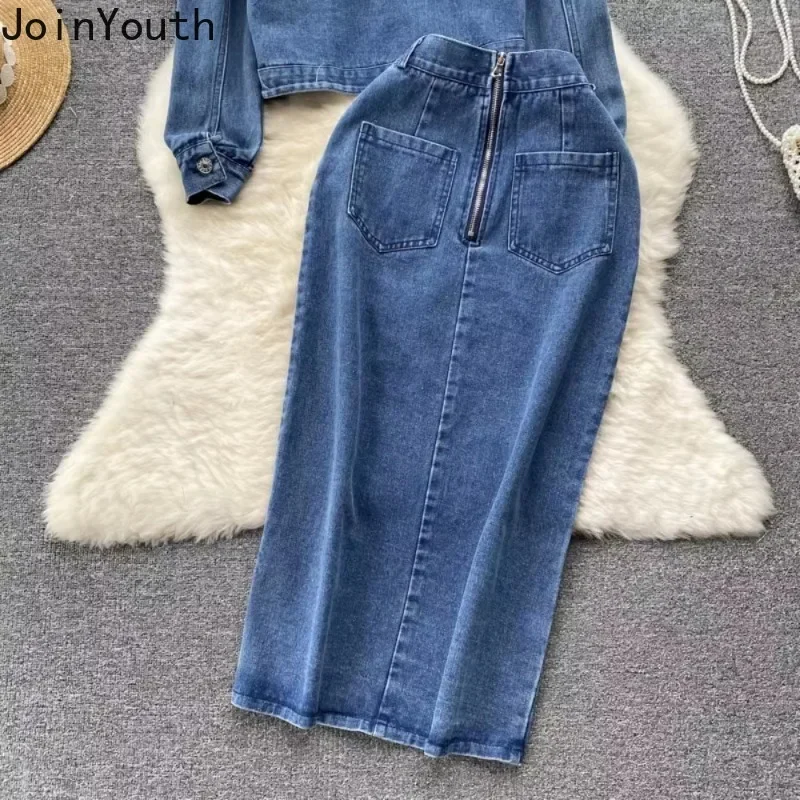 Y2k Clothes Fashion Two Piece Sets Vintage Turn-down Collar Jackets High Waist Split Bodycon Skirt Outfits Casual Denim Suit