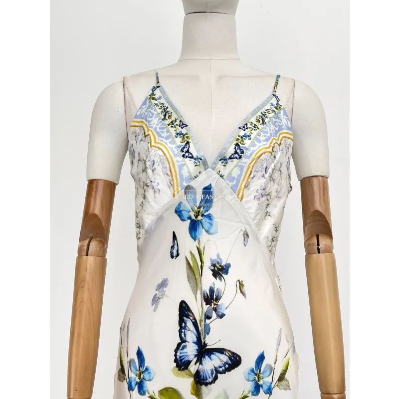 Cut Out Waist Halter Midi Dress for Holiday New High Quality Silk Blue Floral Print Sleeveless