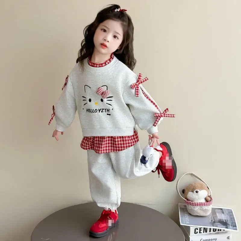 

Kawaii Hello Kitty Girls Sweatshirts Sweater Pants Set Anime New Children Fashion Cartoon Children's Clothing Girls Clothes
