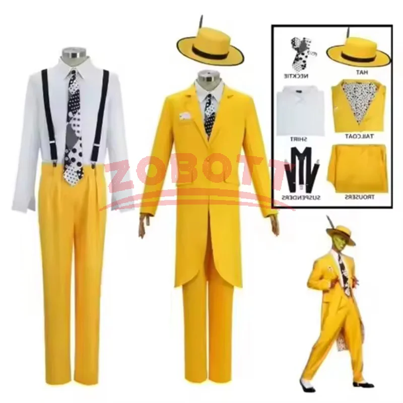 Film Jim Carrey Cosplay Kostüm Erwachsene Kinder Unisex Grünes Gesicht Gelb Uniform Anzug Halloween Karneval Party Outfit