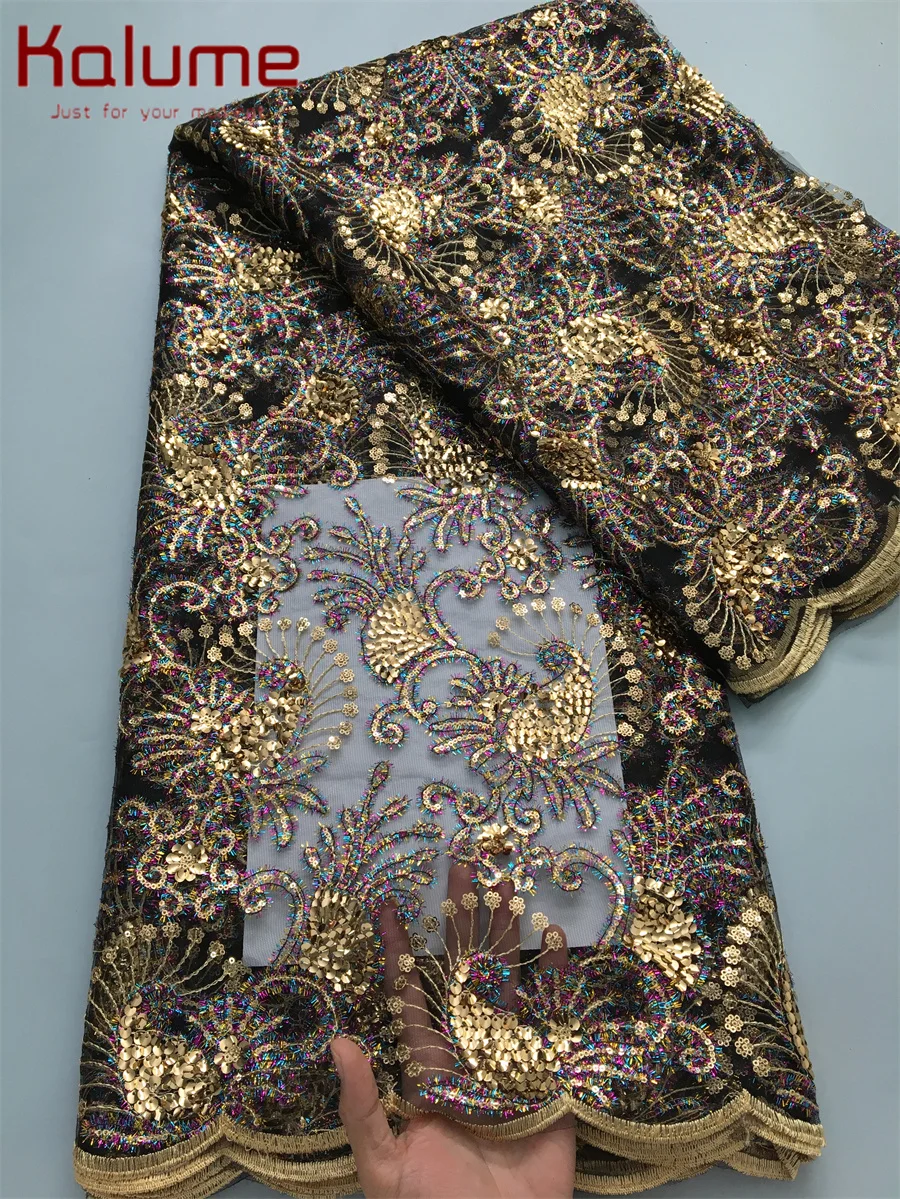 Kalume French Lace Fabric Tulle Lace Embroidery Fabric With Sequins Latest Style African Lace 5 Yards For Nigerian Party F4174