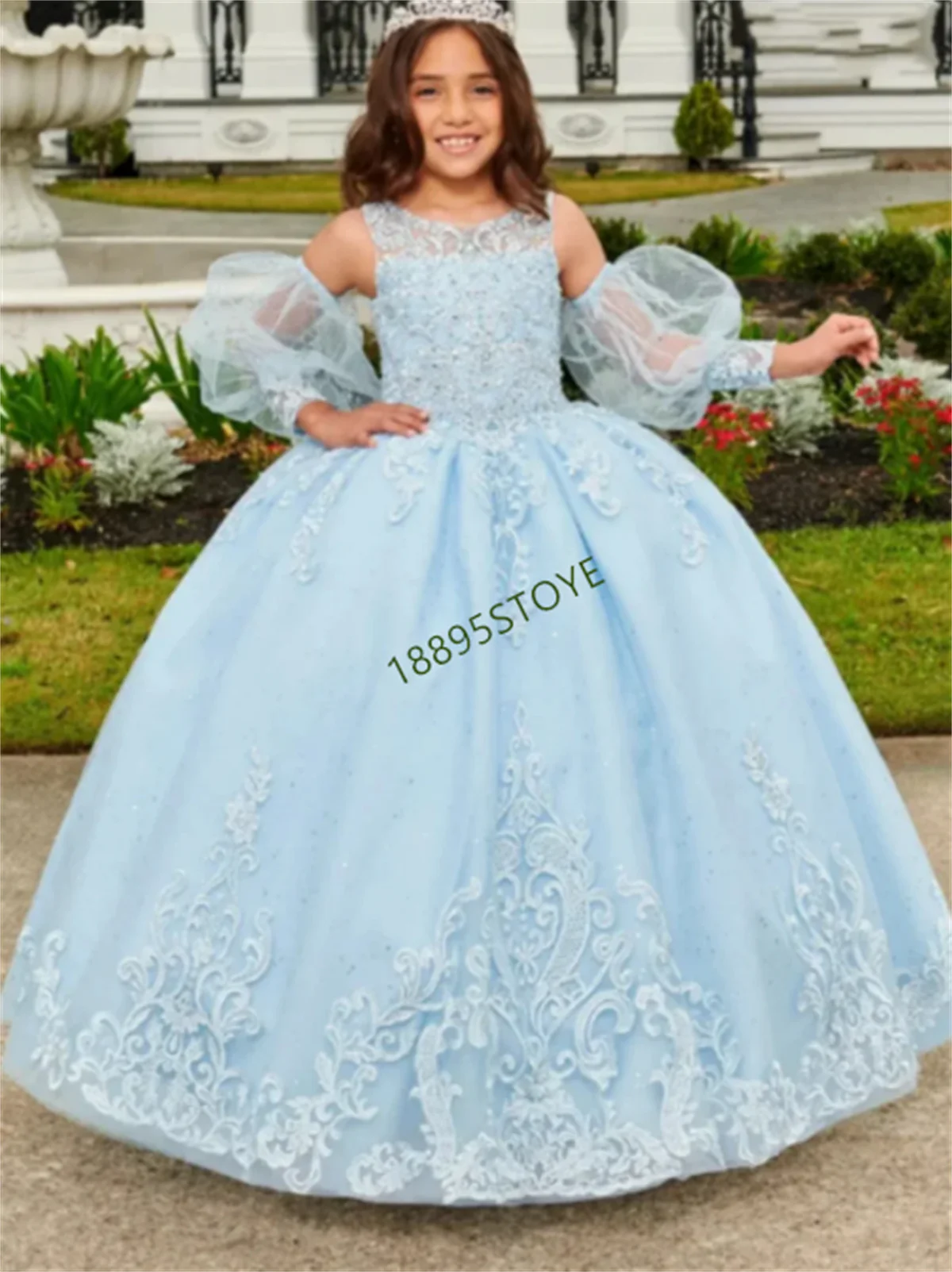 Light Blue Flower Girl Dresses Applique Lace Elegant Princess Ball Gown For Kids Birthday Party Dress First Communion Dress