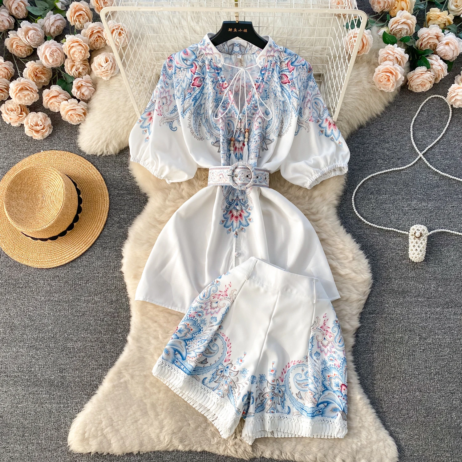 

Retro Palace Style Suit Summer New Floral Print Bubble Sleeve Shirt Top+Women's Versatile Wide Leg Shorts Two Piece Sets