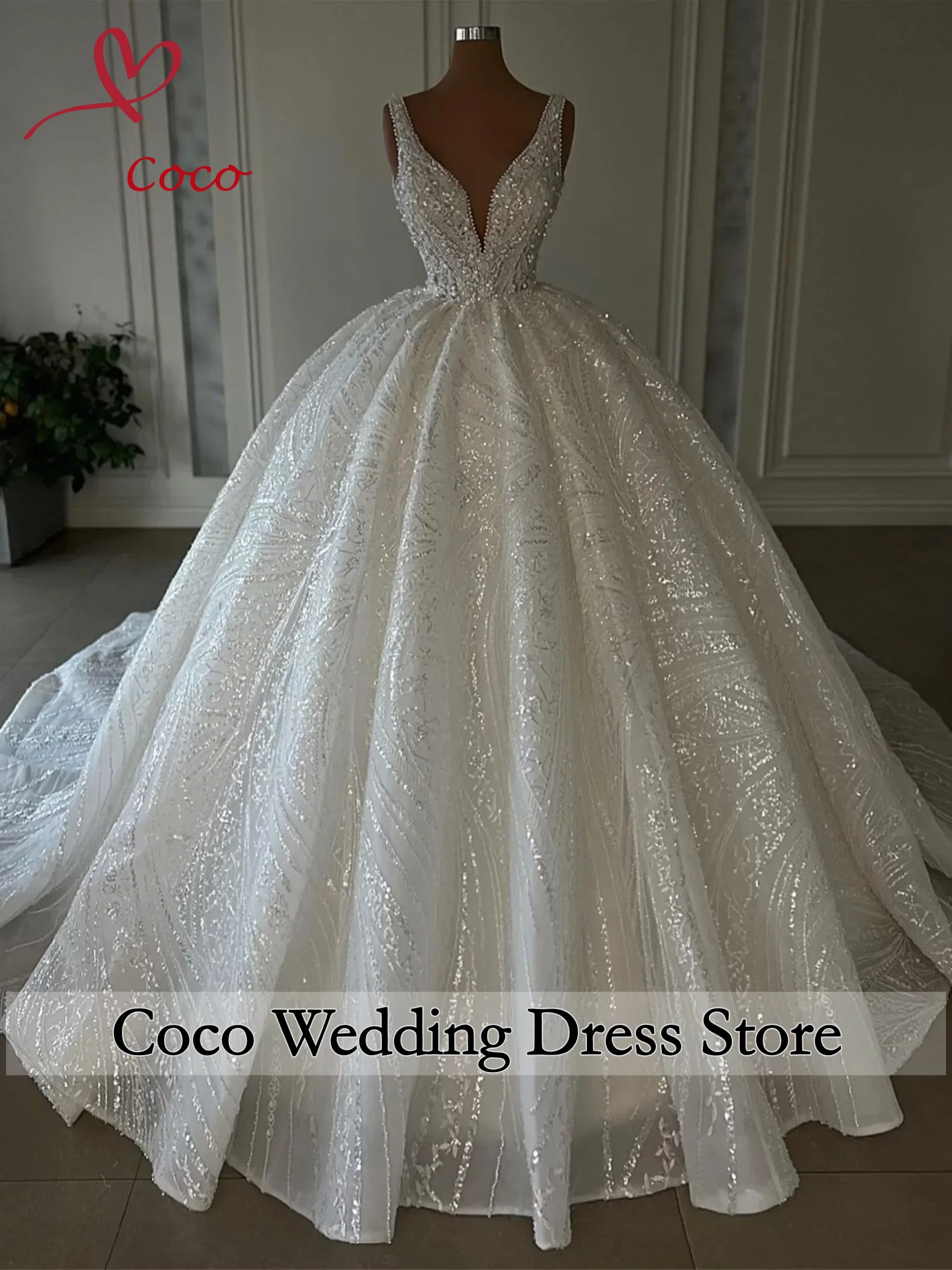 

Роскошное блестящее бальное платье по индивидуальному заказу, свадебное платье с бусинами и V-образным вырезом, без рукавов, свадебные платья с оборками и скользящим шлейфом, платья невесты