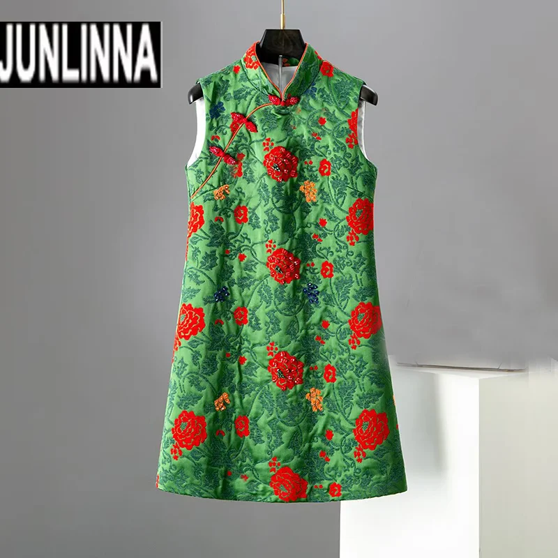 

JUNLINNA модное летнее женское улучшенное платье Cheongsam с воротником-стойкой и узлом на пуговицах, элегантное жаккардовое платье без рукавов с бисером, Vestidos