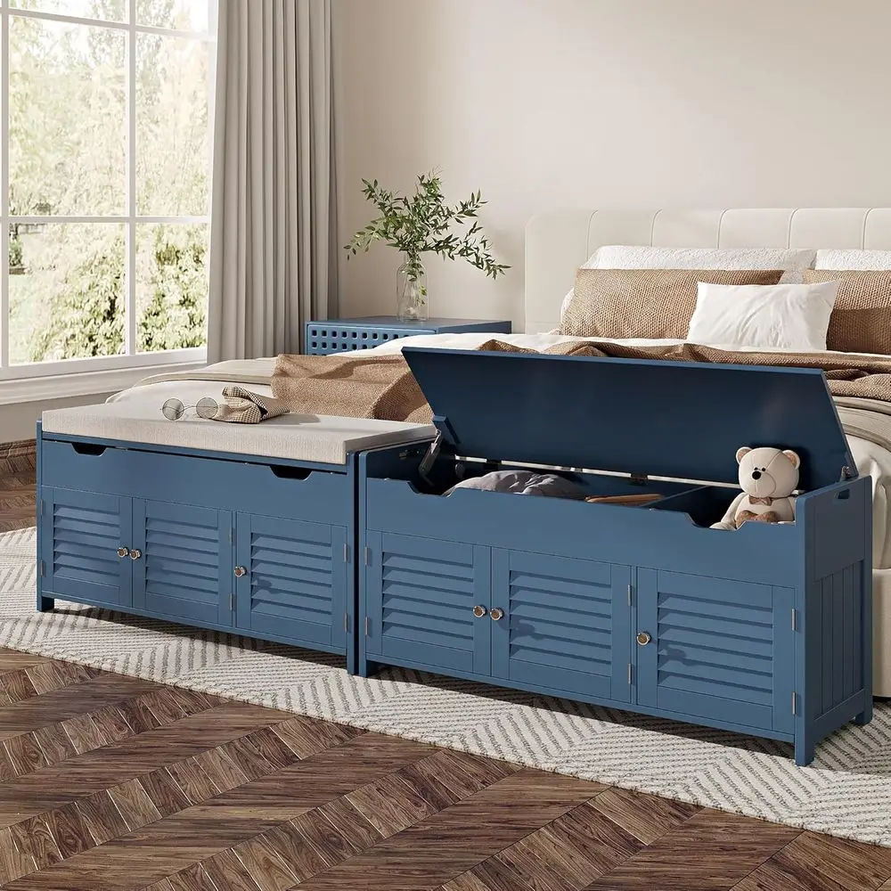 Blue Cushioned Lift-Top Shoe Storage Bench with Adjustable Shelf for Entryway, Bedroom, Living Room
