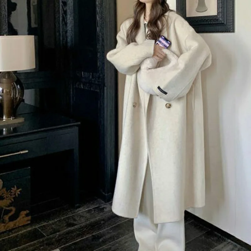 Double-sided coat women's 2023 autumn and winter new medium and long loose cocoon thickened Korean woolen coat