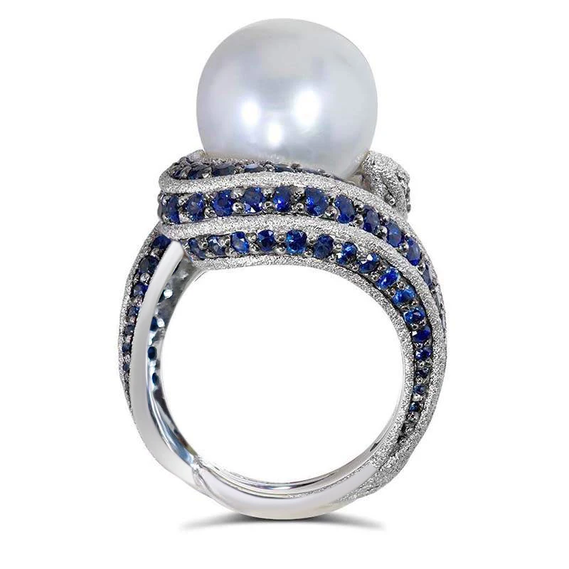 Huitan Newly-Designed Luxury Party Ring for Women Gorgeous Bright Blue CZ Jewelry Simulated Pearl Accessories for Anniversary