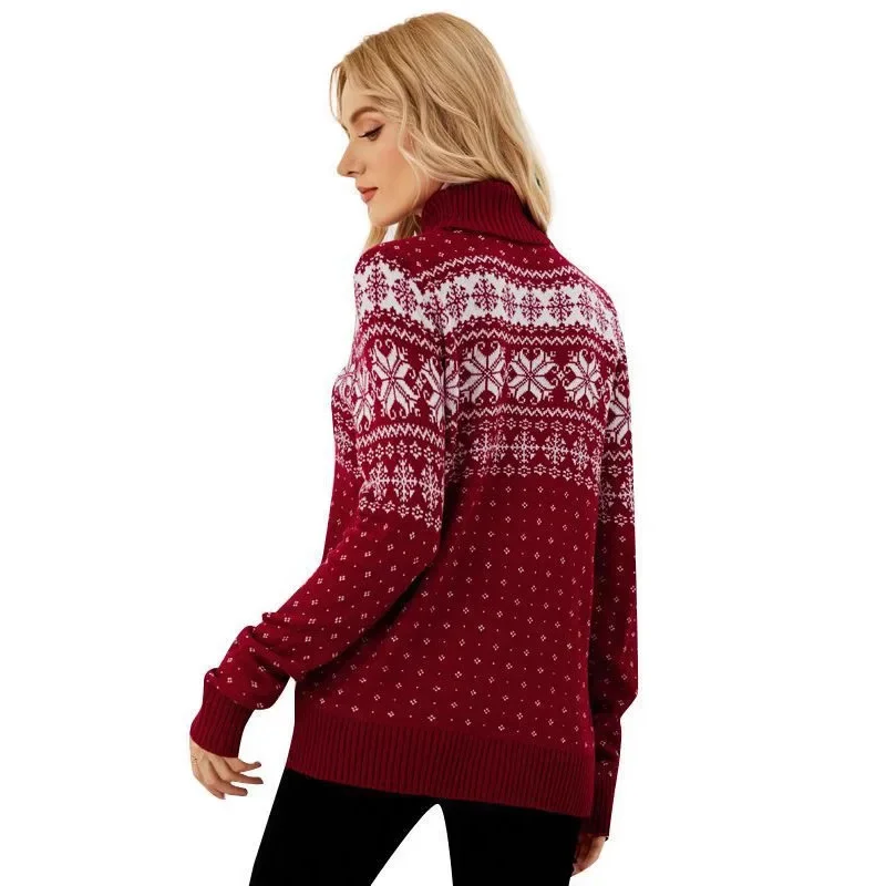 Winter Fashion Snowflake Patterned Overhead Style Red Color Base Shirt for WomenChristmas Theme High Collar Knitted Sweater