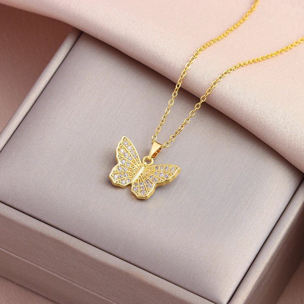 New Sweet Sexy Zircon Crystal Butterfly Pendant Necklaces For Women Female Stainless Steel Neck Chain Jewelry Ladies Accessories