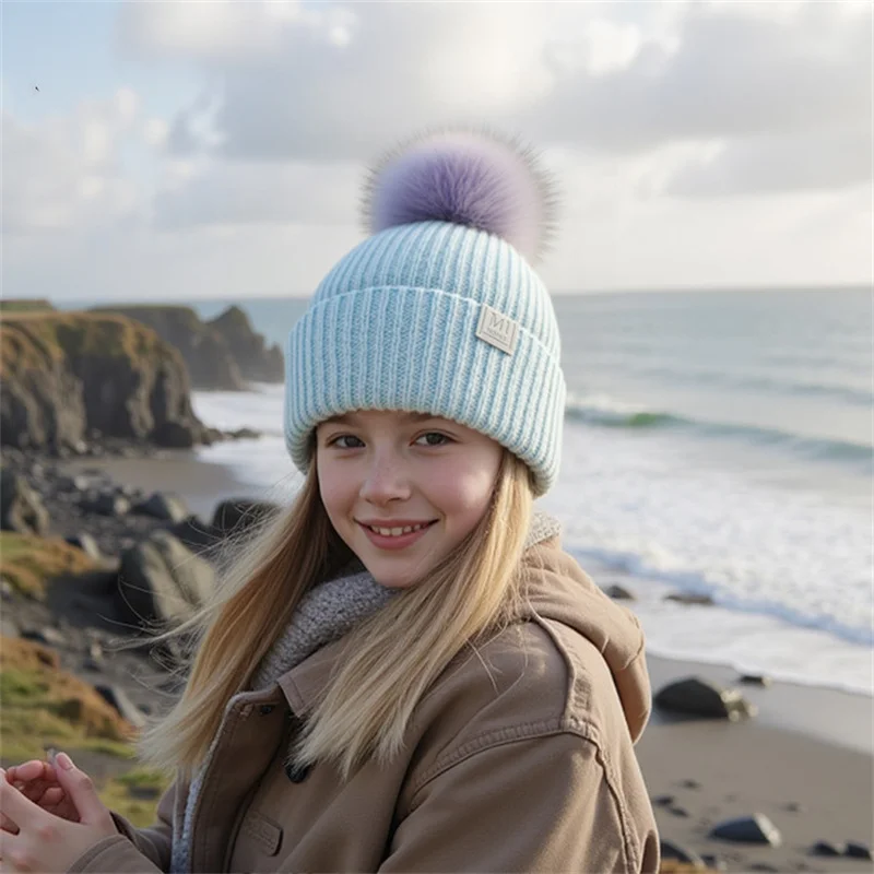 

New winter hat luxury real fox fur pompom hats beanie High quality Girls child bonnet winter hats