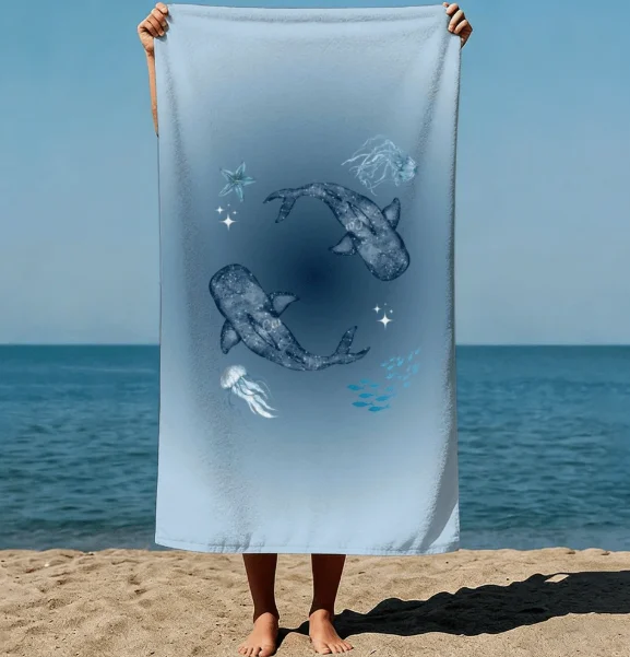 1pc Summer Boho Style Two Sharks Starry Swim Gracefully Surrounded By Jellyfish and Fish Beach Towel for Swimming Pool Vacation