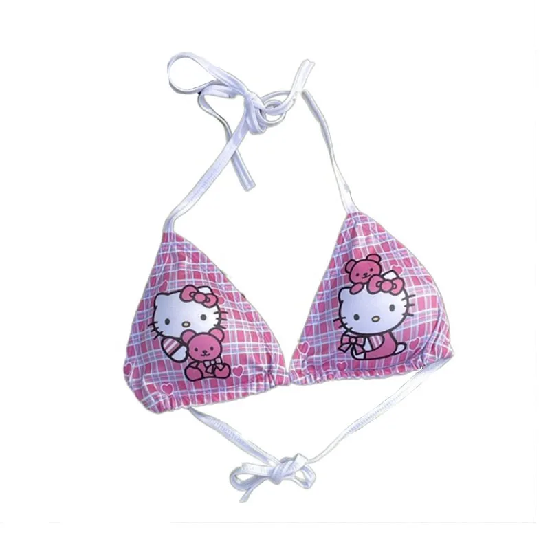 Biustonosz Sanrio Hello Kitty Bikini kobiety śliczny seksowny strój kąpielowy Push up wyściełany biustonosz dziewczęcy kostium kąpielowy kostium