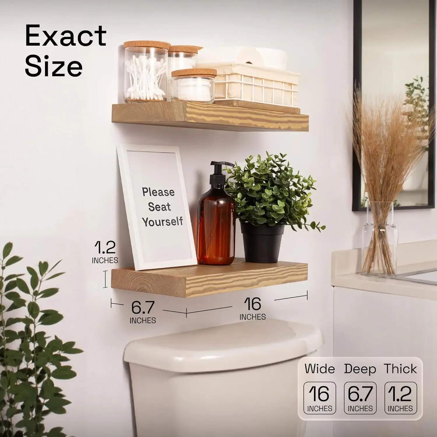 Плавающие полки из натурального дерева 16 дюймов, настенное крепление для хранения в ванной комнате, декор для спальни