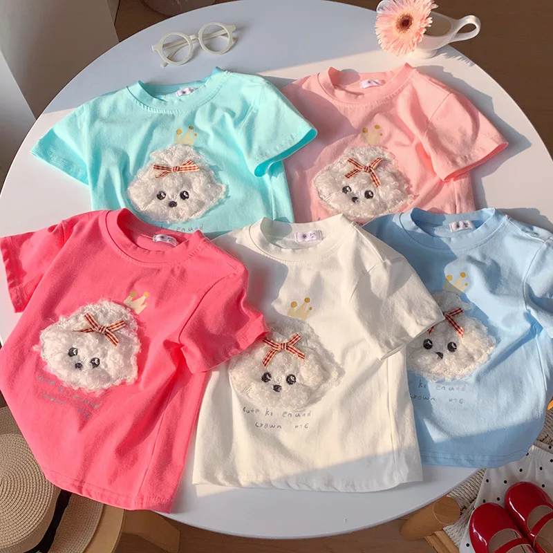 

Футболка для малышей от 2 до 10 лет, летняя одежда для маленьких мальчиков и девочек, футболка с короткими рукавами для младенцев, милая футболка с принтом собаки, топ, наряд