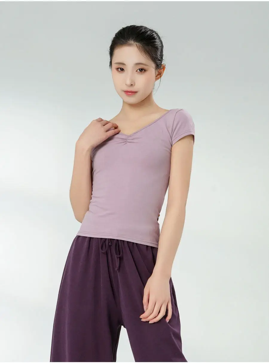เสื้อยืดแขนสั้นคอวีสำหรับฝึกซ้อมเต้นรำฤดูร้อน เสื้อผ้าสำหรับฝึกซ้อมบัลเลต์สำหรับผู้หญิง ผู้ใหญ่ ใช้สำหรับสอบศิลปะและการฝึกพื้นฐาน