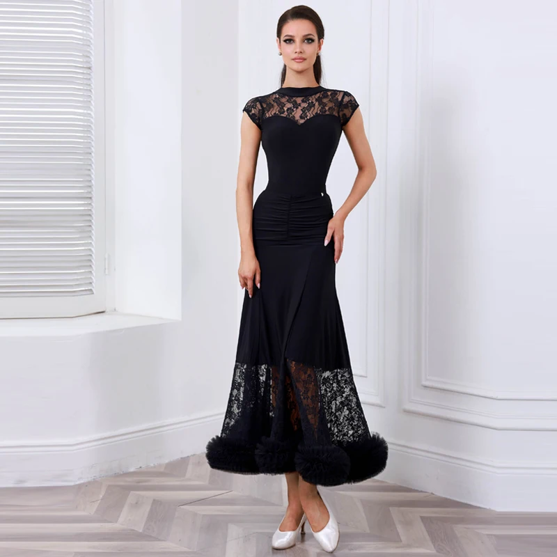 Fashion Adults Modern Dancing Dresses Women\'S Latin Dance Competition Costume Black Lace Sleeves Latin Top Long Skirts SL13803