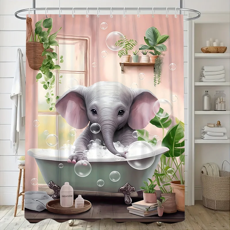 1/3/4PCs bathtub elephant pattern shower curtain set, waterproof shower curtain with 12 hooks, non-slip bath rug, U-shape mat, t