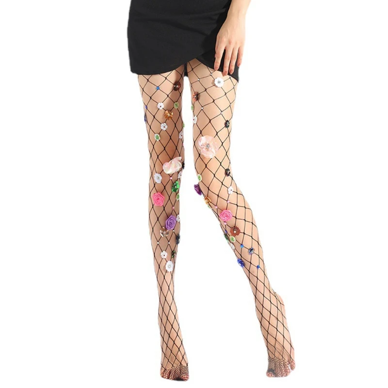 YUYU Women Glitter Sequins Flower Mesh Tights Sexy Hollow Out Fishnet Pantyhose Multicolor for Rhinestone Nightclub Stockings