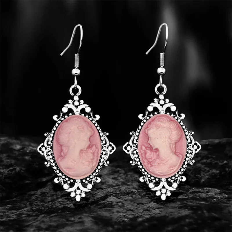 6 Colors Vintage Lady Queen Cameo Dangle Earrings For Women Antqiue Silver Plated Stainless Steel Hook Flower Pendant Earring