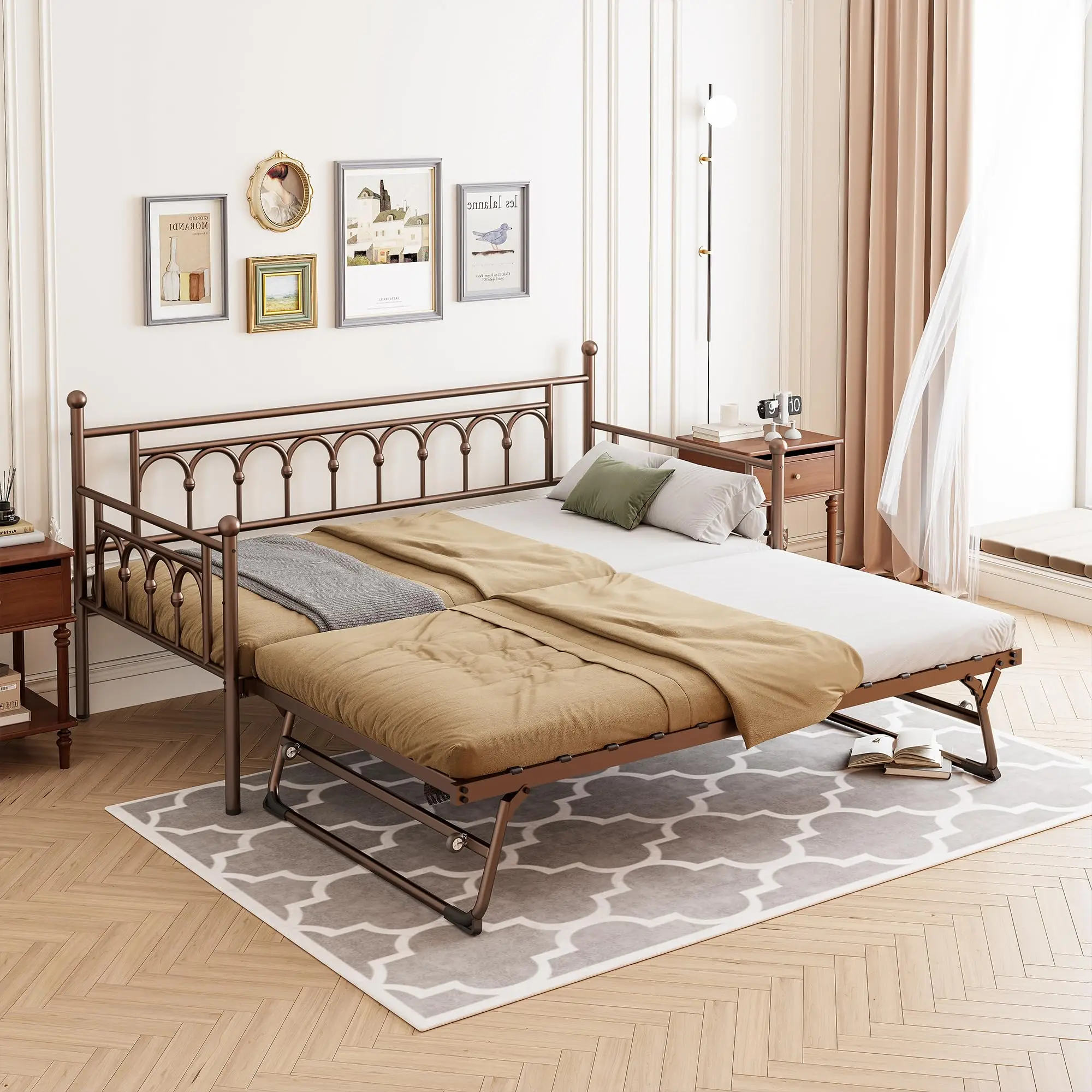 Upgraded Metal Day Bed with Trundle Bed Twin Daybed with Trundle Twin Size, Space Saving Daybed with Pop Up Trundle Bed