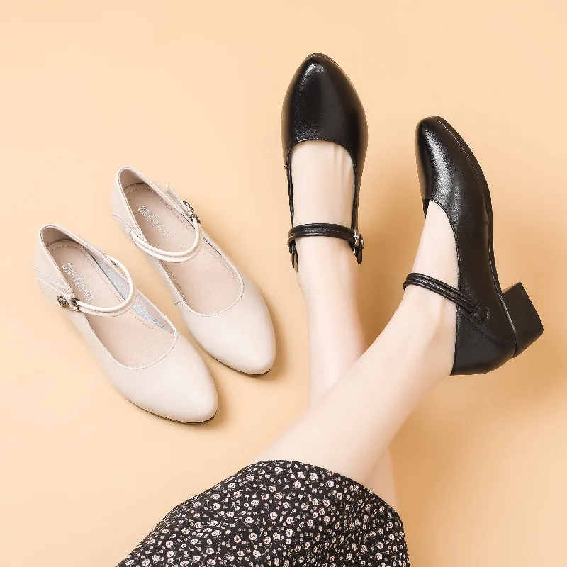 Women's Black Genuine Leather Single Shoes Mid Heeled Formal Interview Shoes Work Shoe Women's Versatile Soft Leather Comfort