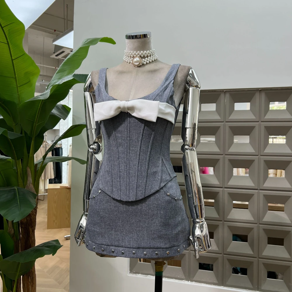 Summer 2025 Ash Gray Boned Corset Top Tie Straps Bodycon Mini Skirt Set Women Sexy Glamour Clubwear Party Two-piece Outfit
