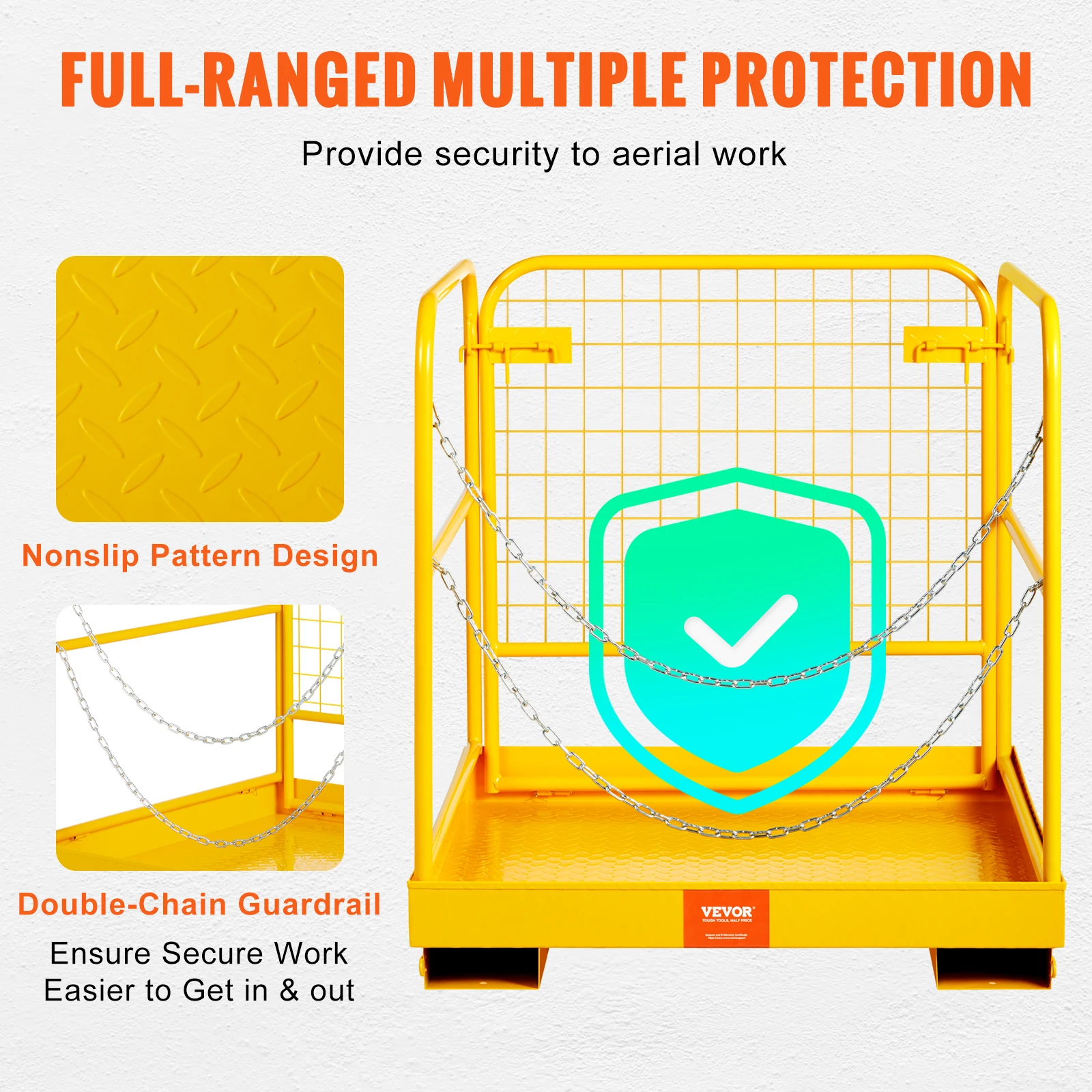 VEVOR Piattaforma Cestello di Sicurezza in Acciaio 91,4 x 91,4 x 94 cm Capacità Carico Max. 544,3kg, Cesta per Muletto con Piattaforma di Lavoro Portapersone Uso Industriale in Acciaio 91,4 x 91,4cm