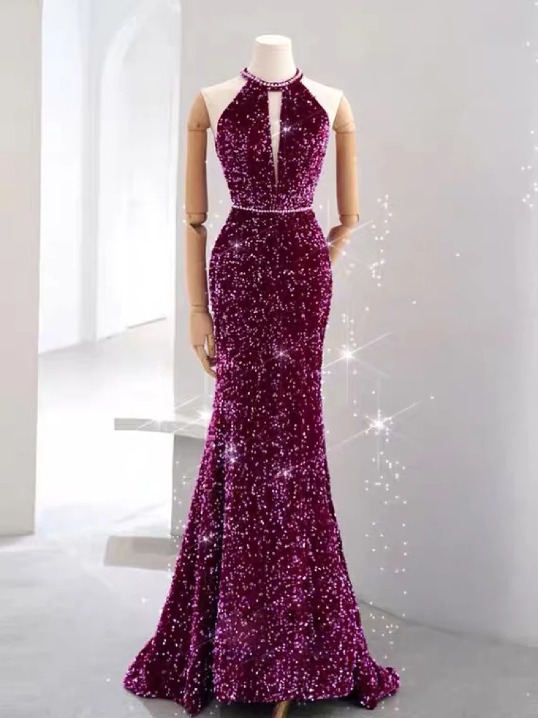 Sexy Purple Plum Evening Dresses Halter Mermaid Crystal Beading Hallow Out Woman Backless Bridal Toast Bead Party Prom Gown