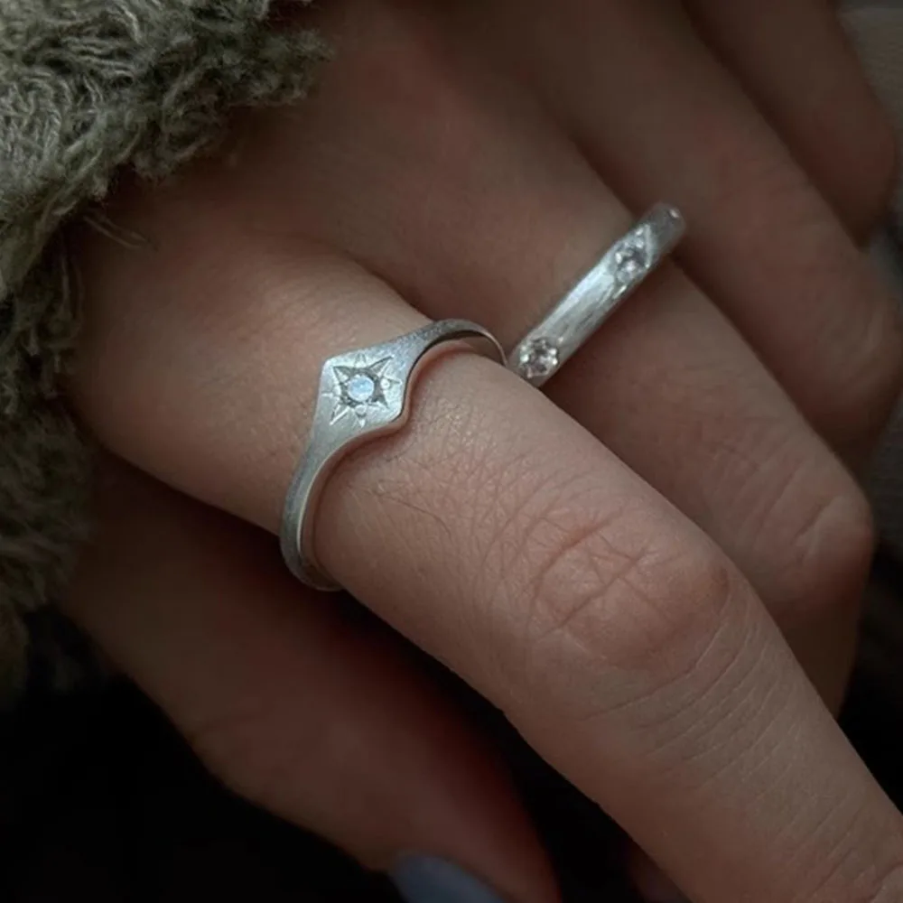 

925 Sterling Silver Rings For Women Vintage Handmade Adjustable Shinning Star Ring Fashion Band Female Bijoux Gift
