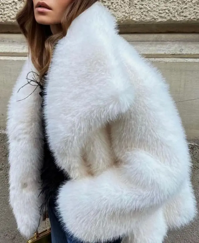 New Shaggy Faux Fur Cropped Coat Women Jackets Turn-down Collar Warm Fluffy Jacket Long Sleeve Faux Fur Coat Winter Outwear Tops