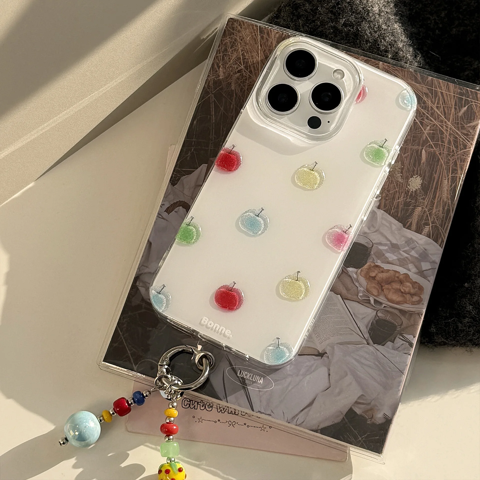 Koreanischer bunter Apple-Glitzer-Handyhüllen-Anhänger für iPhone 16 15 14 13 12 Mini 11 Pro Max XS XR X 7 8 Plus, stoßfeste Hartschale