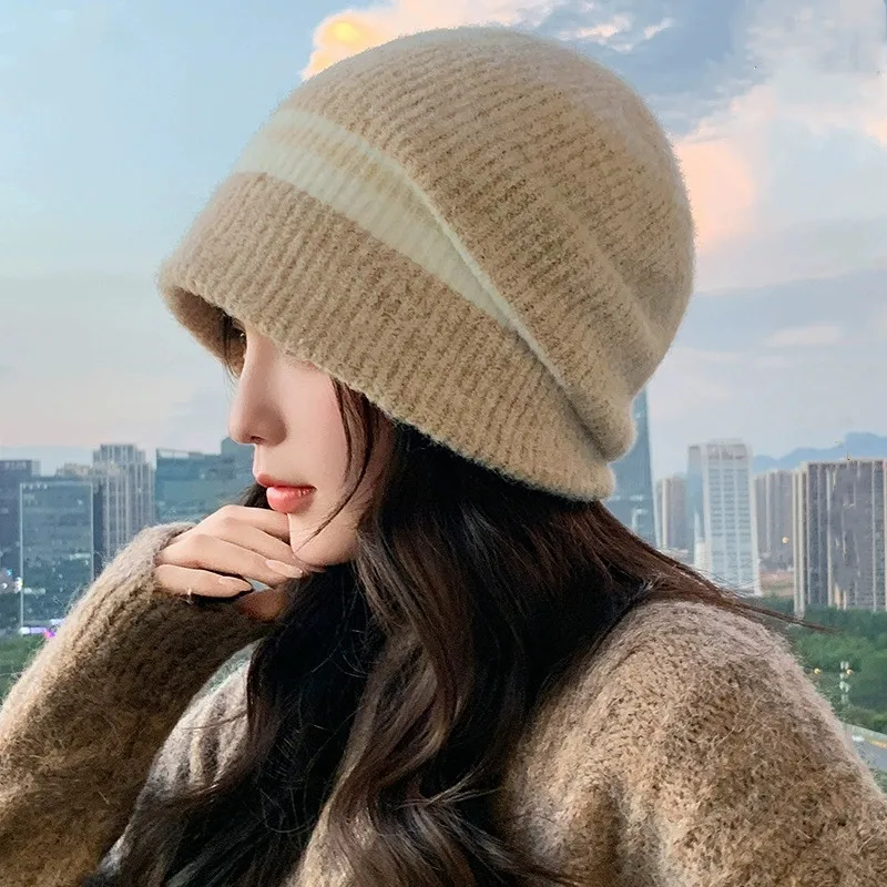 New Winter Knitted Hat Warm Wool Blended Cap Stylish Soft Beanie Hat For Women Outdoor Thicken Ski Sports Knitted Pull Over Hat