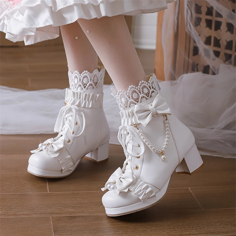 FOREADA Women Lolita Ankle Short Boots Round Toe Kawaii Thick Mid Heels Zipper Bead Bow Lace-up Lady Cosplay Shoes Autumn Winter