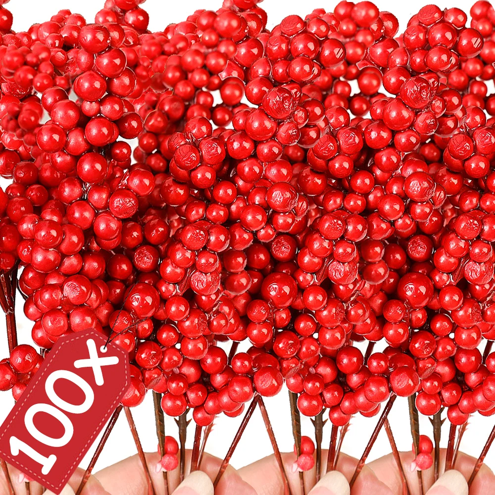 100/1Pcs Artificial Berries Red Cherry Stamen Fake Berries Pearl Beads DIY Christmas Wreath New Year Party Gifts Decorations