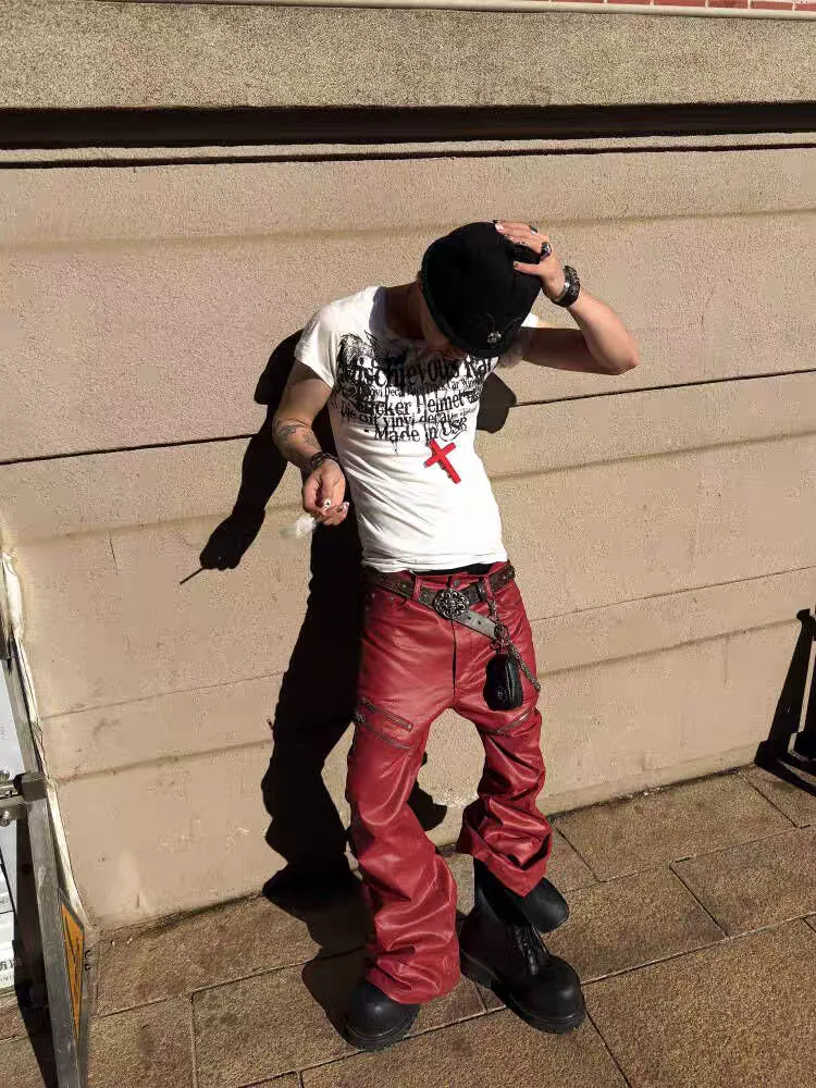 

Randy Brother Abi Visual k Punk Liquid Metal Coated Wax Pants Slim Fit Bell Bot Jeans High Waist Zipper Closure C...