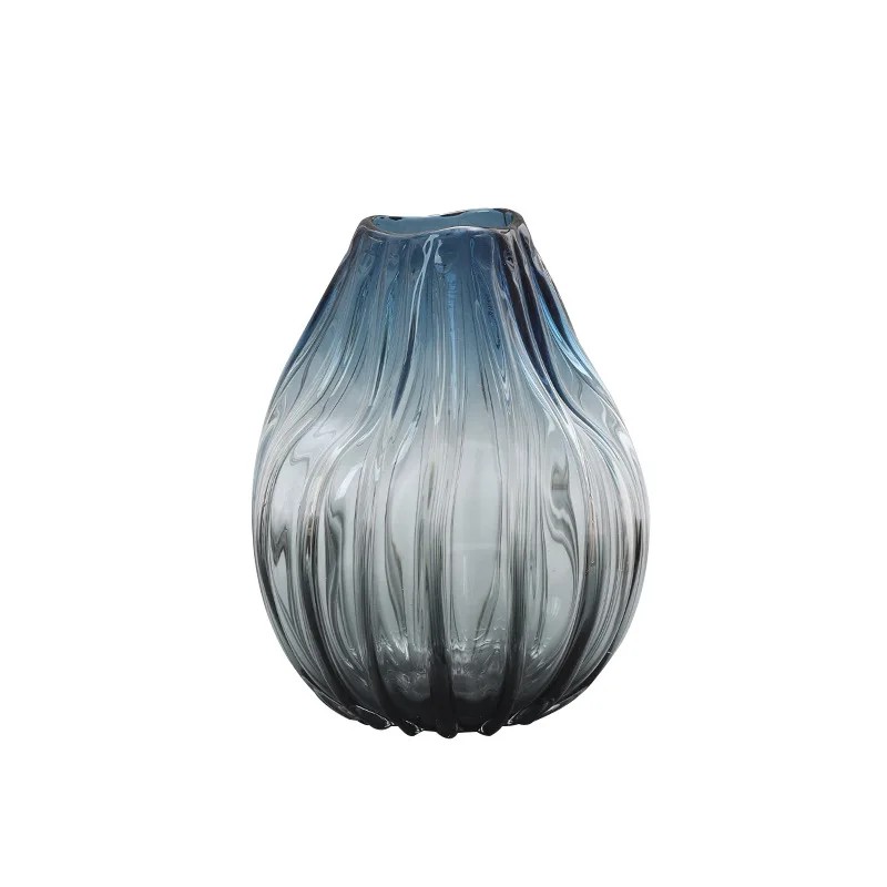 

Glacier blue striped small mouth twisted handmade hydroponic glass vase home decoration flower ware
