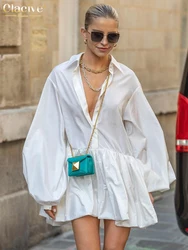 Clacive Mode Losse Witte Jurk Lady Casual Revers Puff Mouwen Mini Jurk Shirt Elegante Klassieke Geplooide Jurken Voor Vrouwen 2023