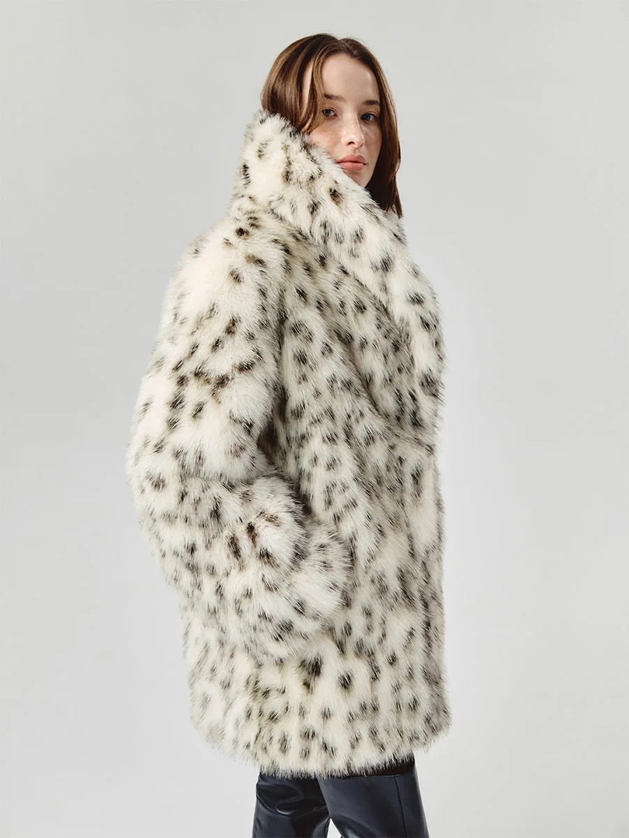 DFDG 2026 Women Spotted Faux Fur Mid‑Length Coat High Neck Fluffy Plush Oversized Jacket Luxury Warm Outerwear Winter Dating Fur