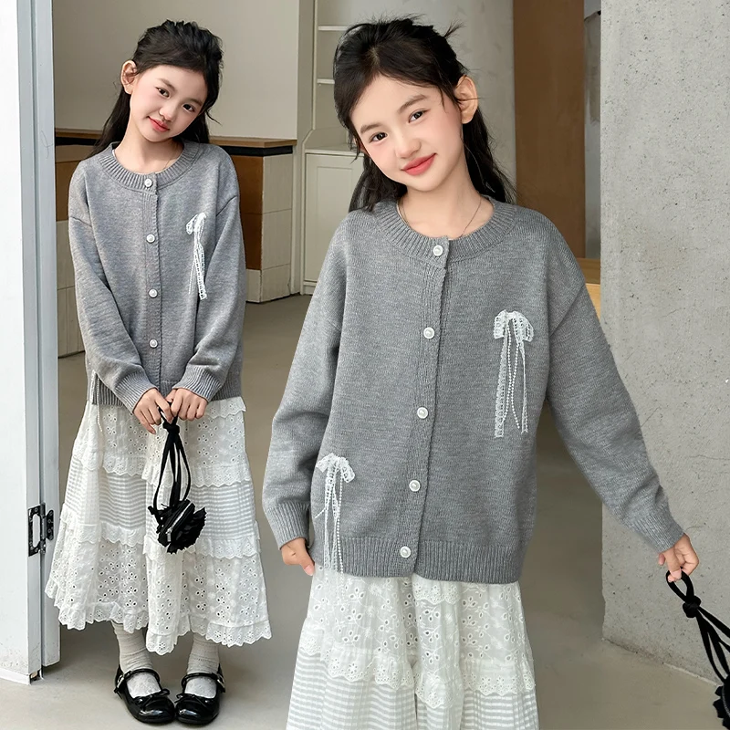 

Elegant Child Slim Fit Grey Color Cardigan with Bows for Tween Girls Casual School Knitted Sweater Kids Bowknot Knitwear Clothes