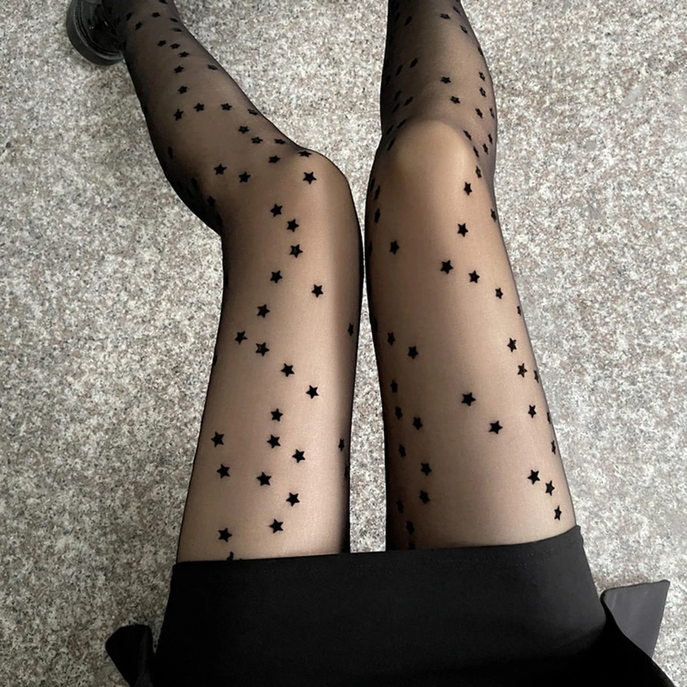 Fashion Women Tights With Pattern Star Printed Pantyhose Gothic Mesh Tights With Tattoo Ladies Long Anti-Hook Black Stockings