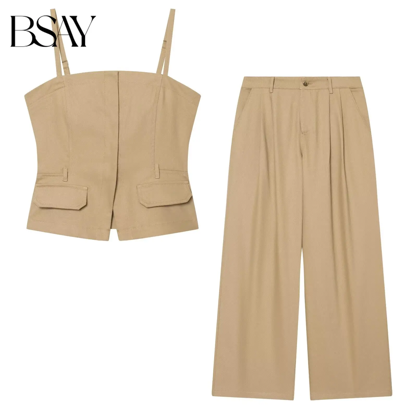 

BSAY Women 2 Piece Outfit Adjustable Spaghetti Strap Pocket Crop Cami Top High Waist Pleated Wide Leg Pants Casual Two Piece Set