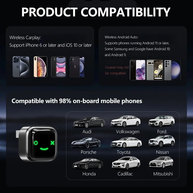 Adaptador carplay sem fio para android iphone auto 2 em 1 com fio para caixa ia sem fio conexão usb para volvo benz mg kia chery vw